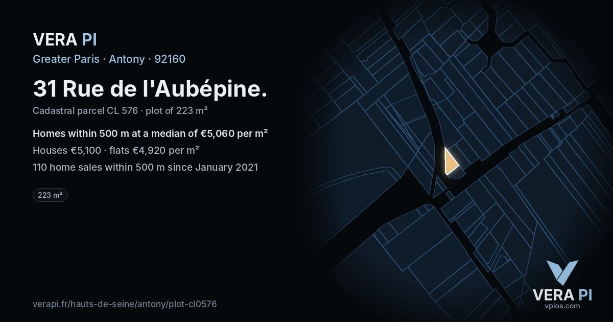 31 Rue de l'Aubépine, Antony at night – the plot lit, the parcels around coloured by the prices near them