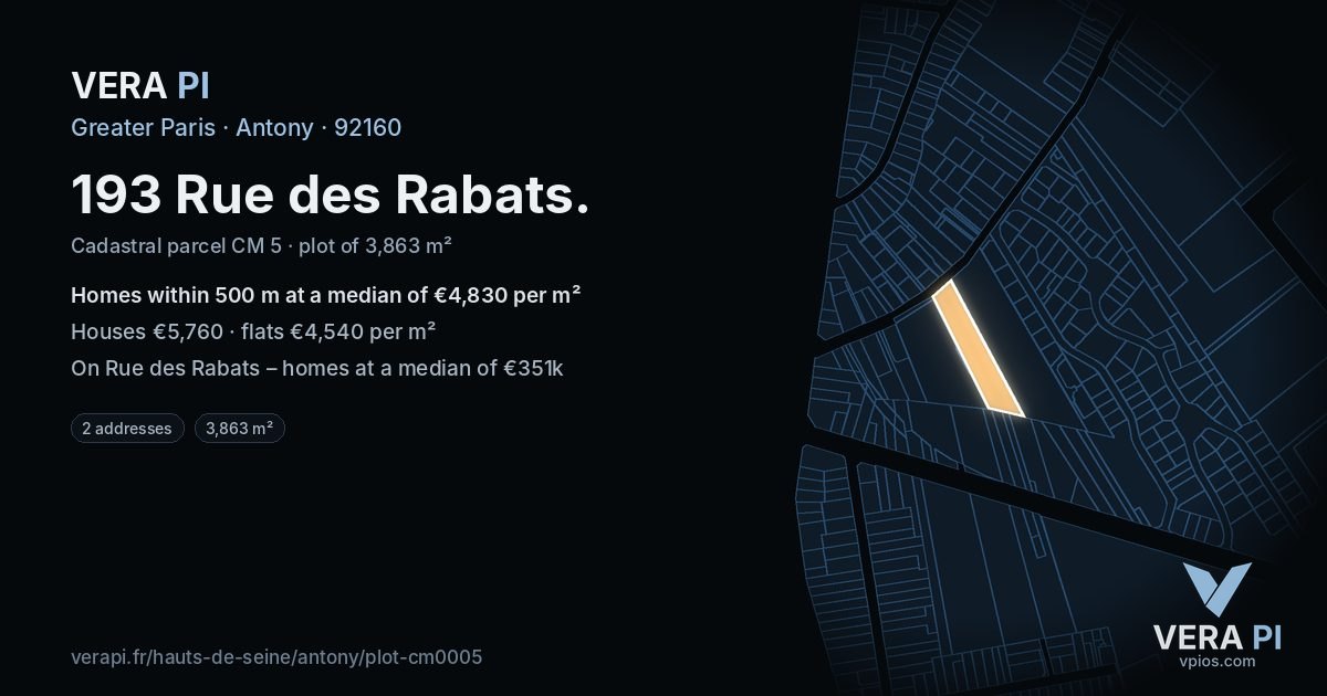 193 Rue des Rabats, Antony at night – the plot lit, the parcels around coloured by the prices near them