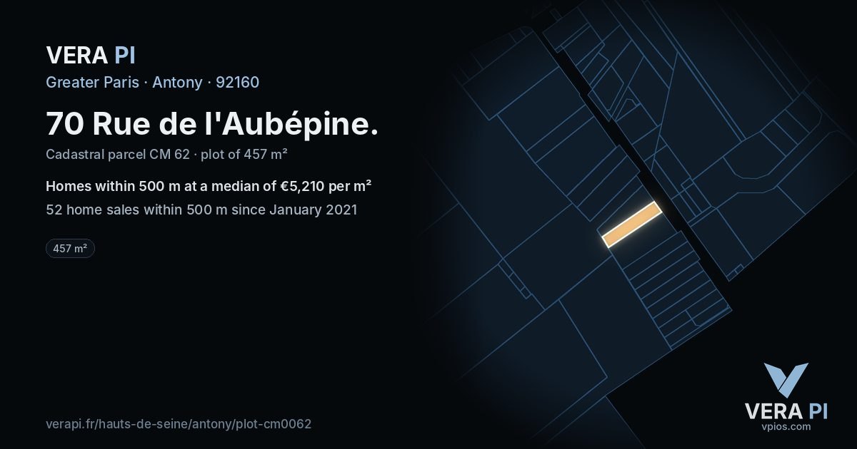 70 Rue de l'Aubépine, Antony at night – the plot lit, the parcels around coloured by the prices near them