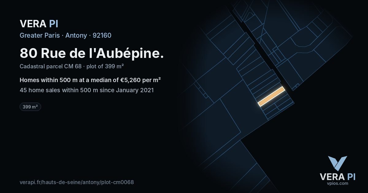 80 Rue de l'Aubépine, Antony at night – the plot lit, the parcels around coloured by the prices near them