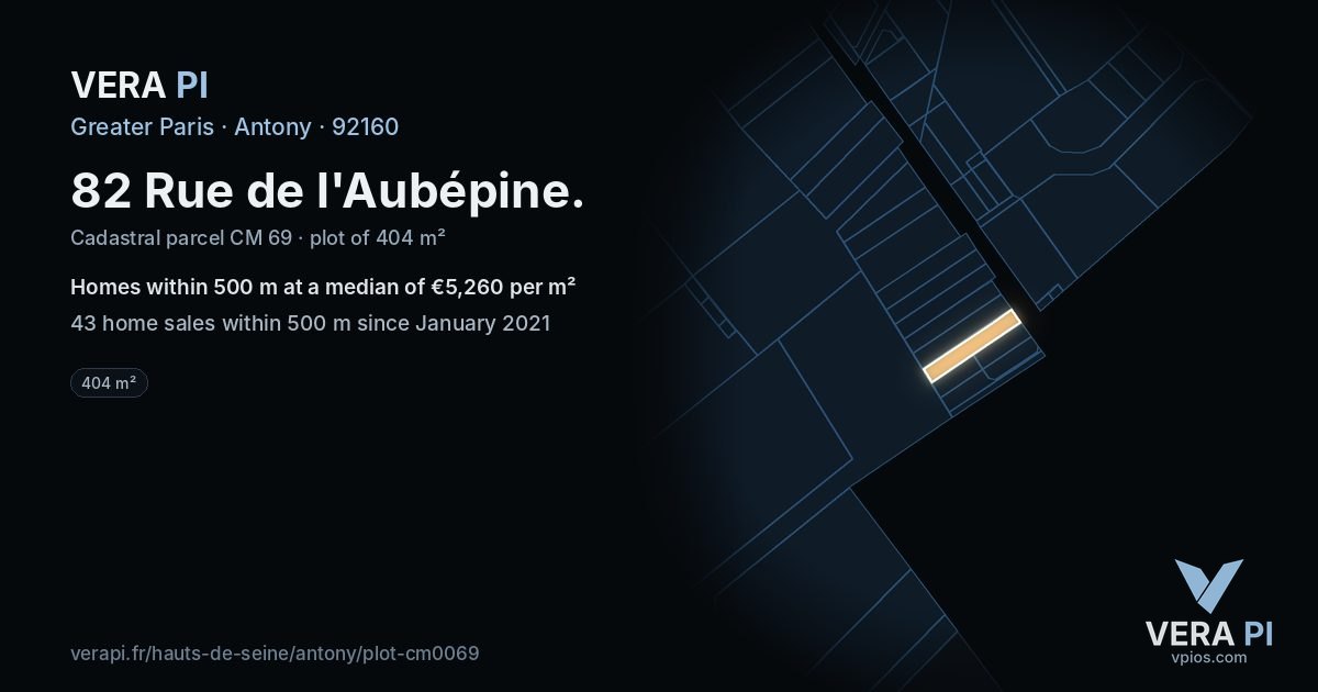 82 Rue de l'Aubépine, Antony at night – the plot lit, the parcels around coloured by the prices near them