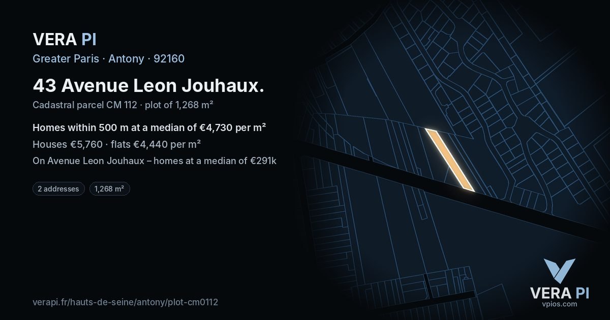 43 Avenue Leon Jouhaux, Antony at night – the plot lit, the parcels around coloured by the prices near them