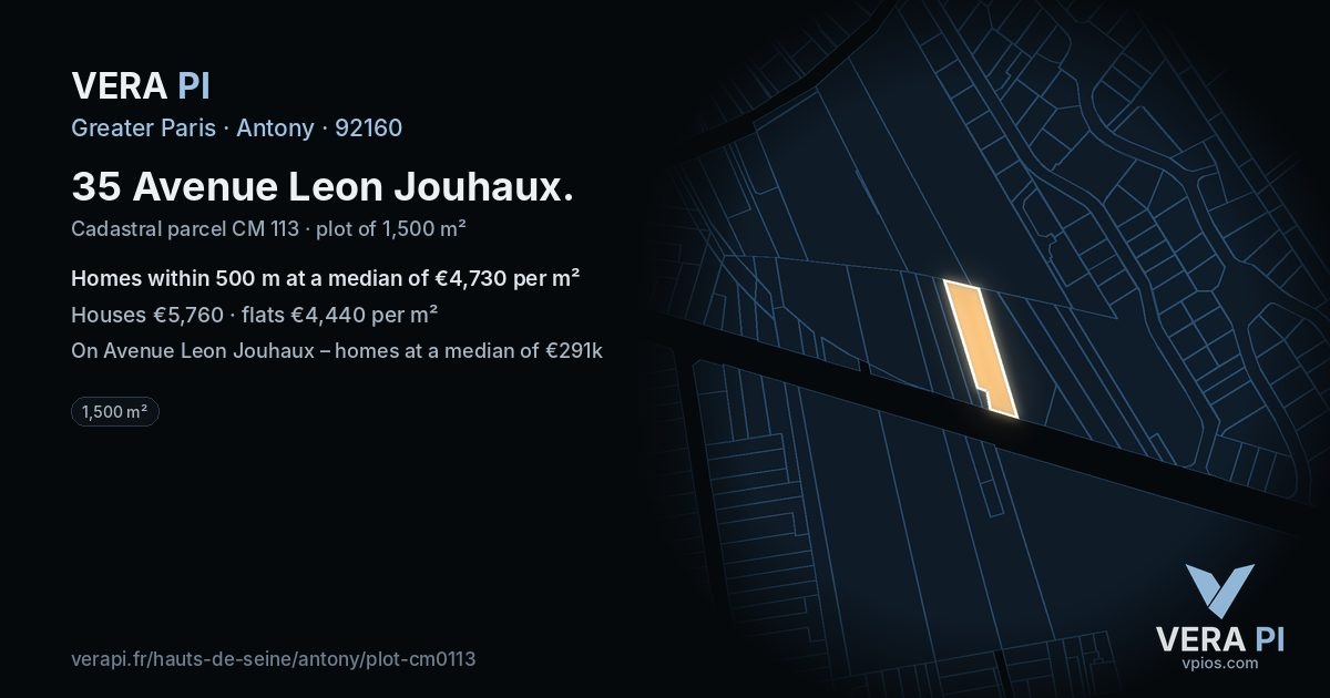 35 Avenue Leon Jouhaux, Antony at night – the plot lit, the parcels around coloured by the prices near them