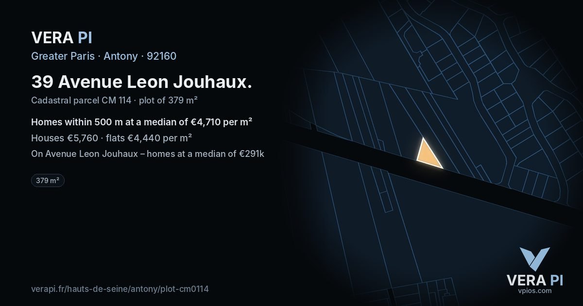 39 Avenue Leon Jouhaux, Antony at night – the plot lit, the parcels around coloured by the prices near them