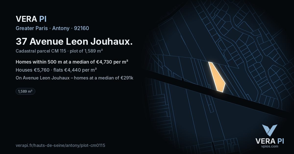 37 Avenue Leon Jouhaux, Antony at night – the plot lit, the parcels around coloured by the prices near them