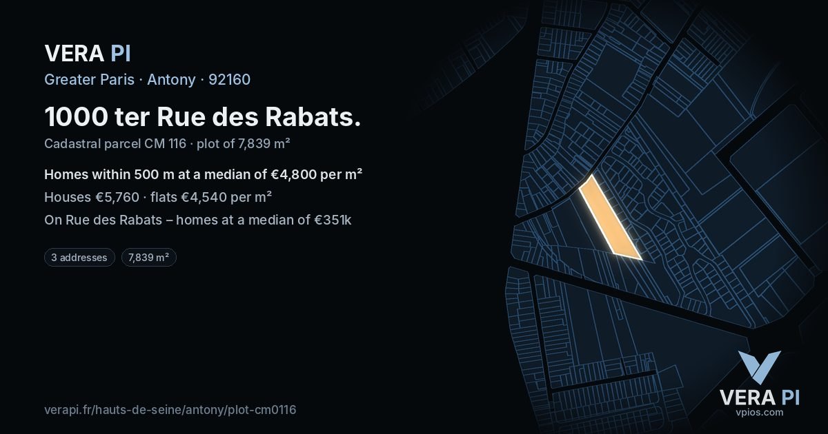 1000 ter Rue des Rabats, Antony at night – the plot lit, the parcels around coloured by the prices near them