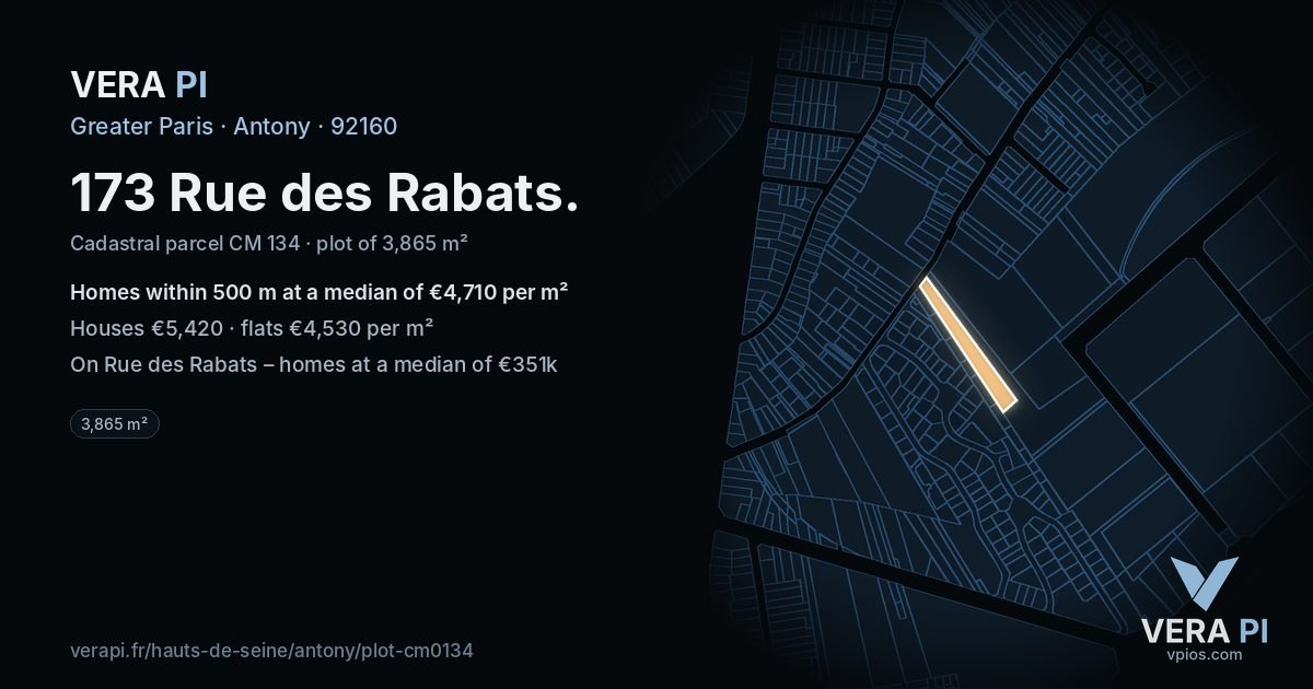 173 Rue des Rabats, Antony at night – the plot lit, the parcels around coloured by the prices near them
