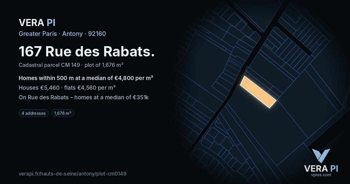 167 Rue des Rabats, Antony at night – the plot lit, the parcels around coloured by the prices near them