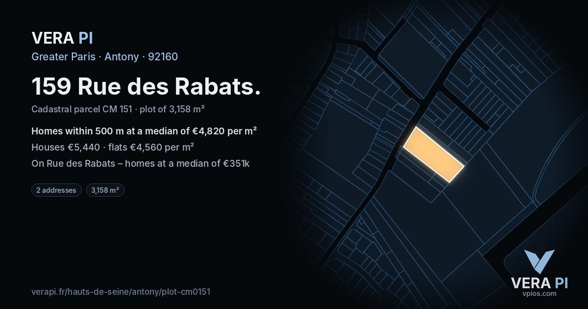 159 Rue des Rabats, Antony at night – the plot lit, the parcels around coloured by the prices near them