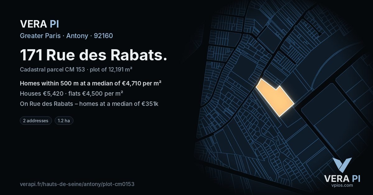 171 Rue des Rabats, Antony at night – the plot lit, the parcels around coloured by the prices near them