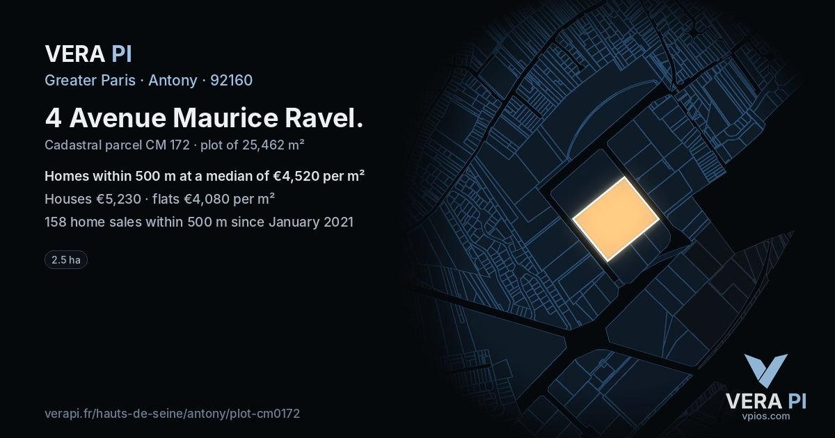 4 Avenue Maurice Ravel, Antony at night – the plot lit, the parcels around coloured by the prices near them