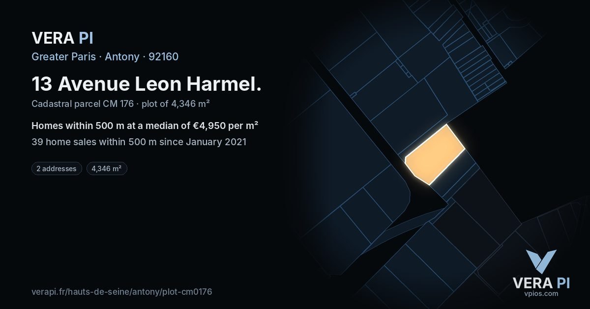 13 Avenue Leon Harmel, Antony at night – the plot lit, the parcels around coloured by the prices near them