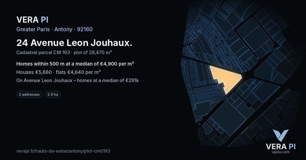 24 Avenue Leon Jouhaux, Antony at night – the plot lit, the parcels around coloured by the prices near them