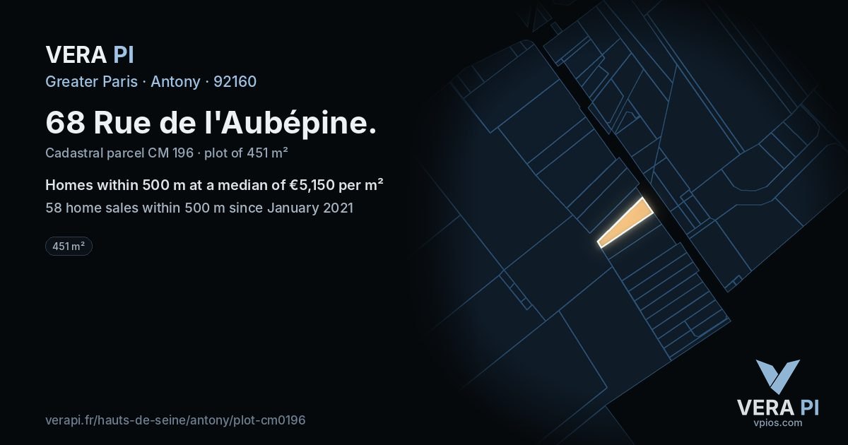 68 Rue de l'Aubépine, Antony at night – the plot lit, the parcels around coloured by the prices near them