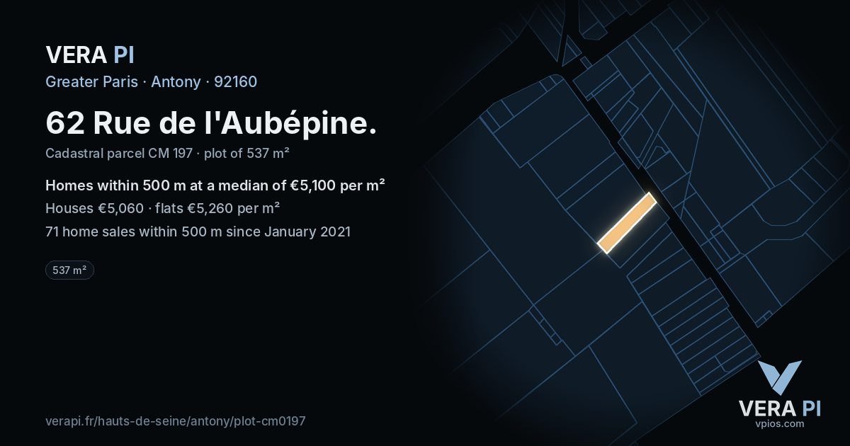 62 Rue de l'Aubépine, Antony at night – the plot lit, the parcels around coloured by the prices near them