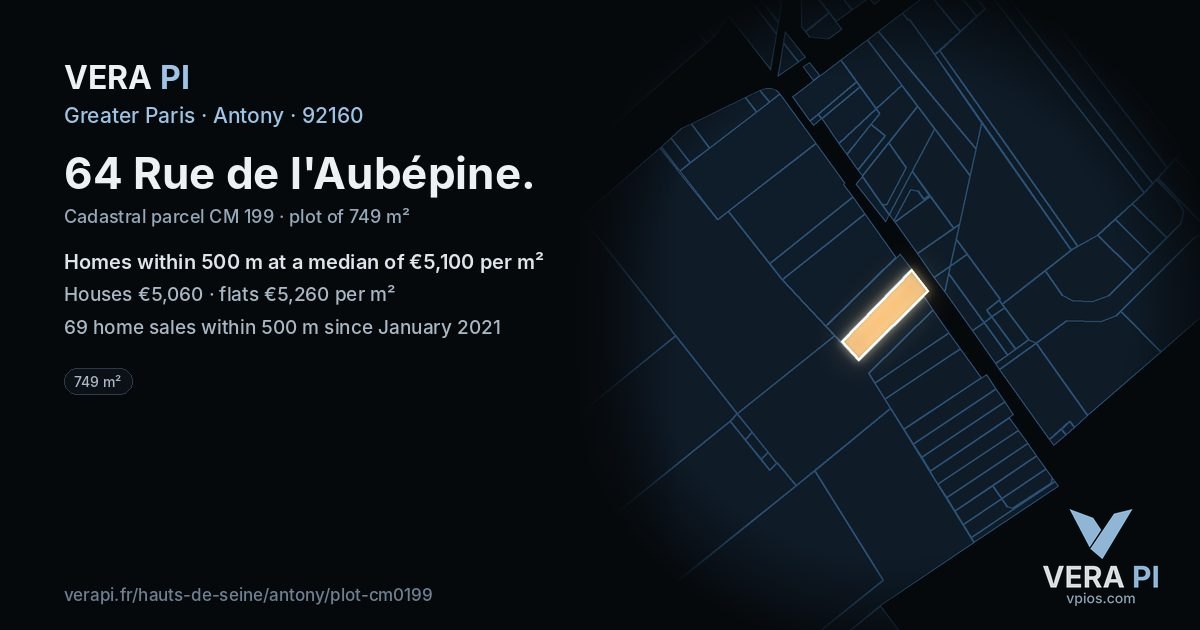 64 Rue de l'Aubépine, Antony at night – the plot lit, the parcels around coloured by the prices near them