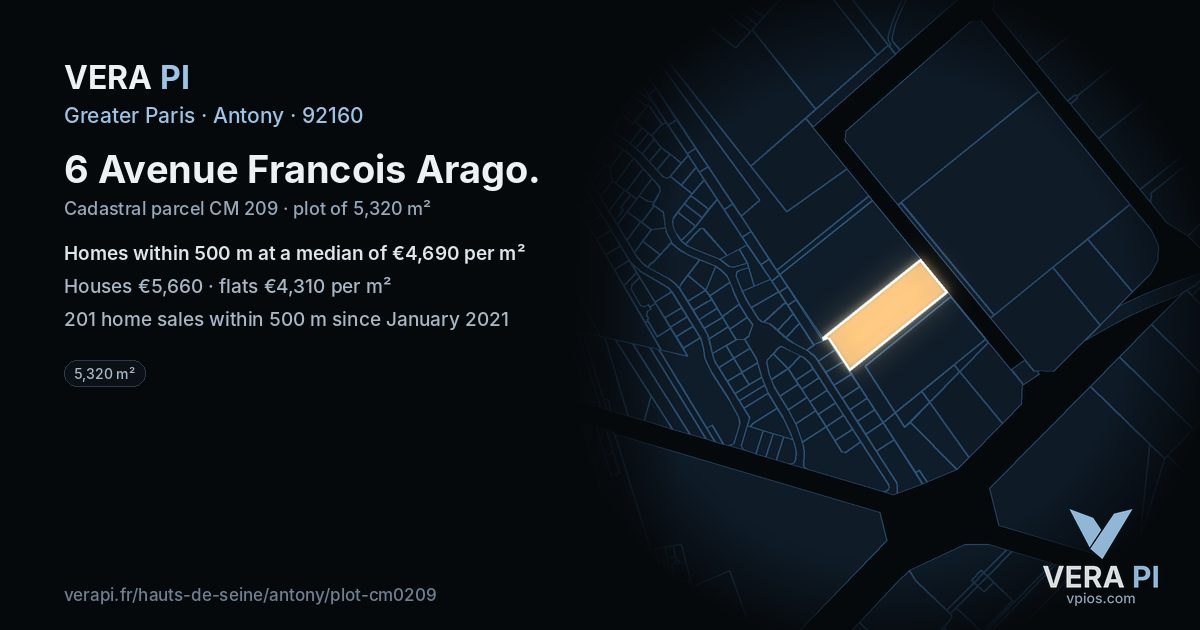6 Avenue Francois Arago, Antony at night – the plot lit, the parcels around coloured by the prices near them