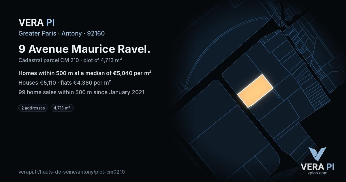 9 Avenue Maurice Ravel, Antony at night – the plot lit, the parcels around coloured by the prices near them