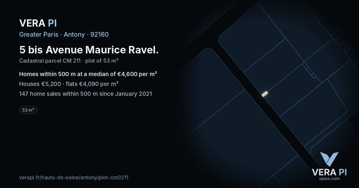 5 bis Avenue Maurice Ravel, Antony at night – the plot lit, the parcels around coloured by the prices near them