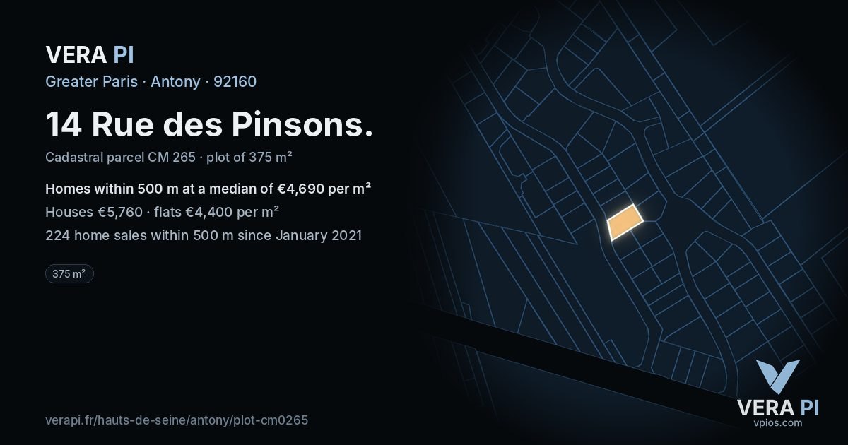 14 Rue des Pinsons, Antony at night – the plot lit, the parcels around coloured by the prices near them