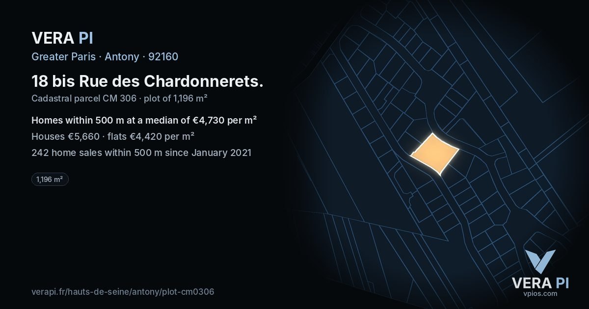 18 bis Rue des Chardonnerets, Antony at night – the plot lit, the parcels around coloured by the prices near them