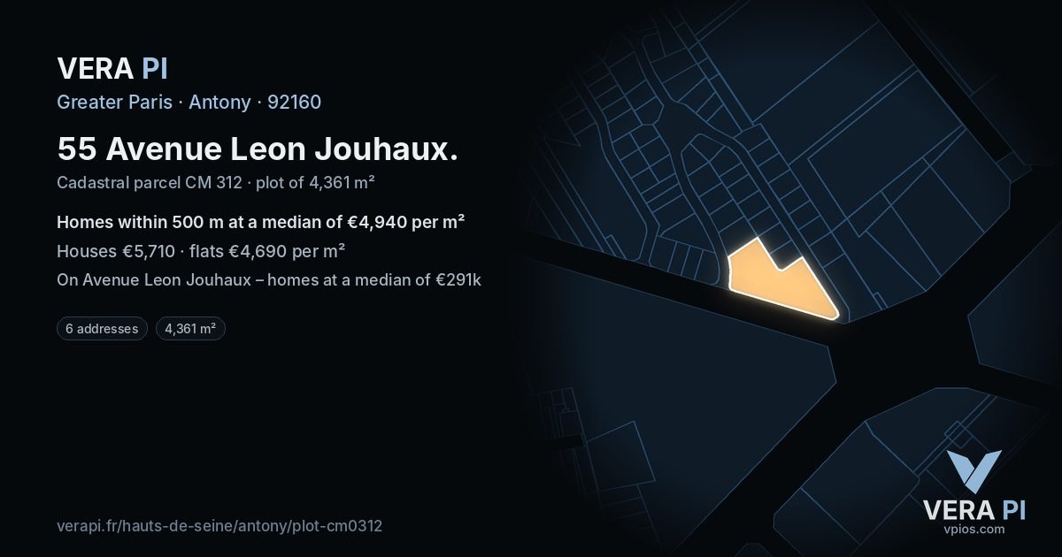 55 Avenue Leon Jouhaux, Antony at night – the plot lit, the parcels around coloured by the prices near them