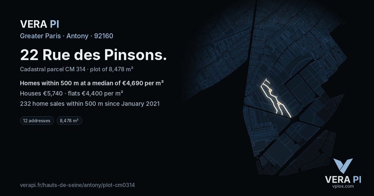 22 Rue des Pinsons, Antony at night – the plot lit, the parcels around coloured by the prices near them