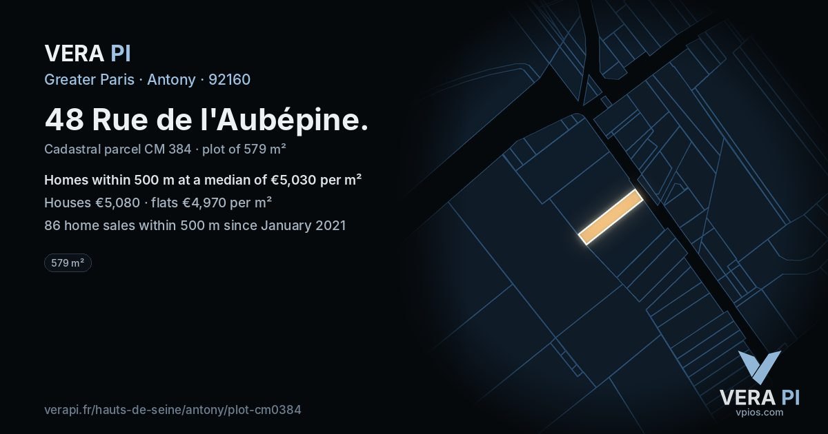 48 Rue de l'Aubépine, Antony at night – the plot lit, the parcels around coloured by the prices near them