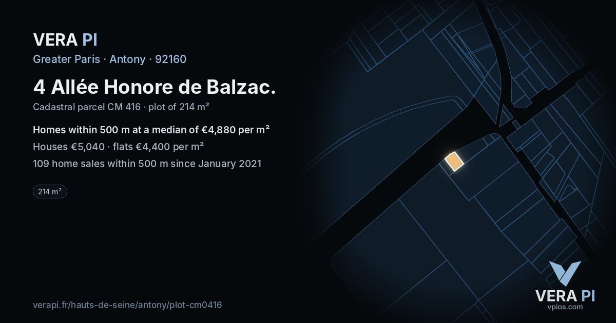 4 Allée Honore de Balzac, Antony at night – the plot lit, the parcels around coloured by the prices near them