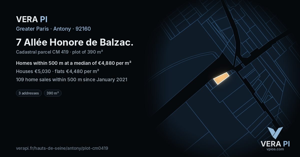 7 Allée Honore de Balzac, Antony at night – the plot lit, the parcels around coloured by the prices near them