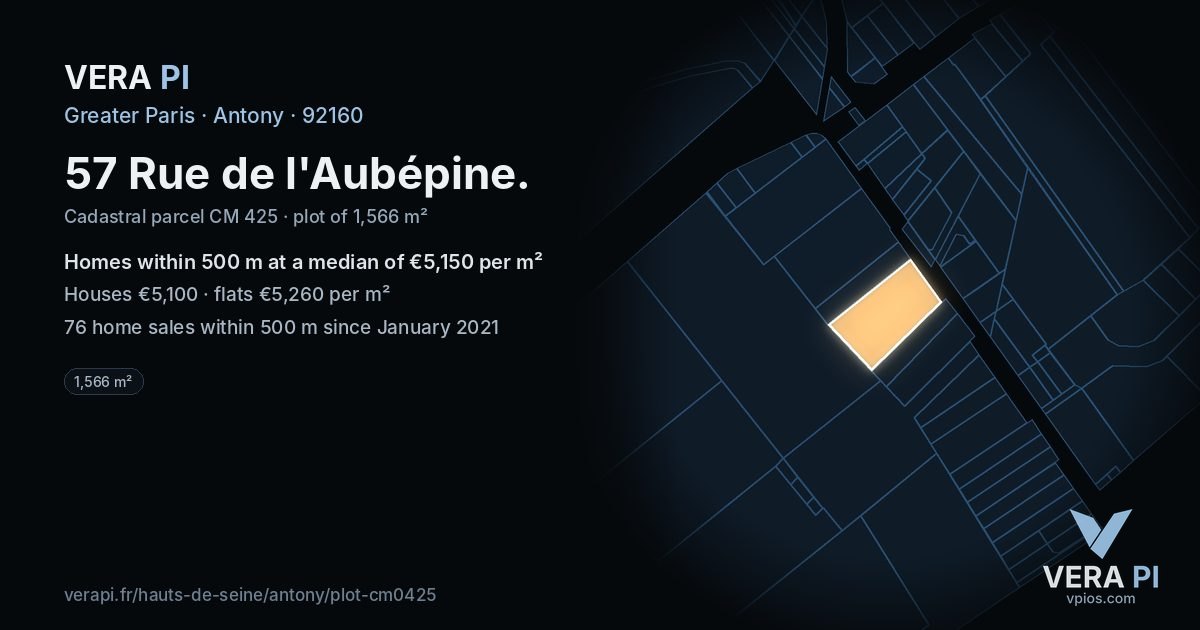 57 Rue de l'Aubépine, Antony at night – the plot lit, the parcels around coloured by the prices near them