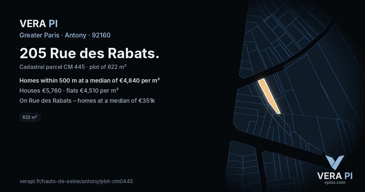 205 Rue des Rabats, Antony at night – the plot lit, the parcels around coloured by the prices near them