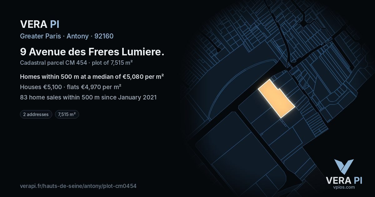 9 Avenue des Freres Lumiere, Antony at night – the plot lit, the parcels around coloured by the prices near them