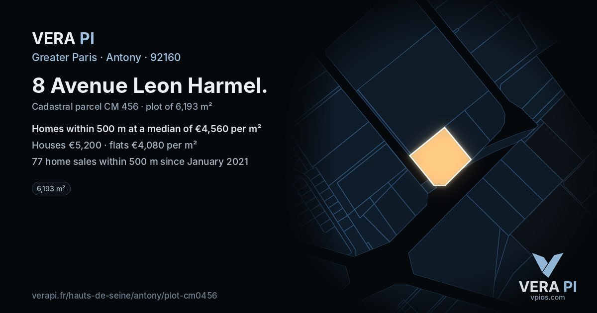 8 Avenue Leon Harmel, Antony at night – the plot lit, the parcels around coloured by the prices near them