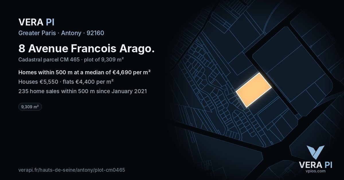 8 Avenue Francois Arago, Antony at night – the plot lit, the parcels around coloured by the prices near them