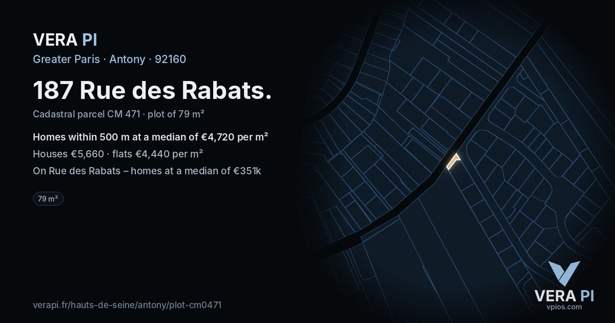 187 Rue des Rabats, Antony at night – the plot lit, the parcels around coloured by the prices near them