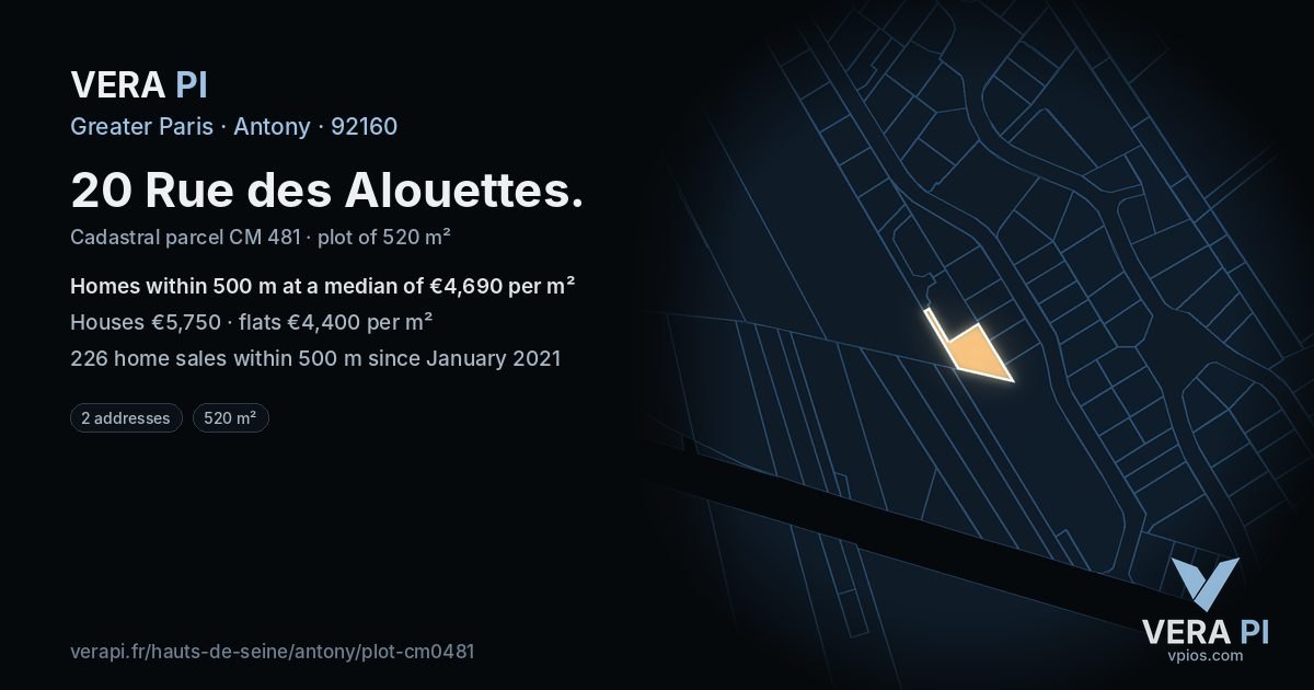 20 Rue des Alouettes, Antony at night – the plot lit, the parcels around coloured by the prices near them