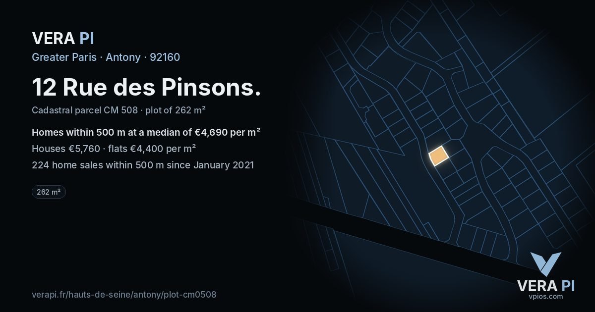 12 Rue des Pinsons, Antony at night – the plot lit, the parcels around coloured by the prices near them