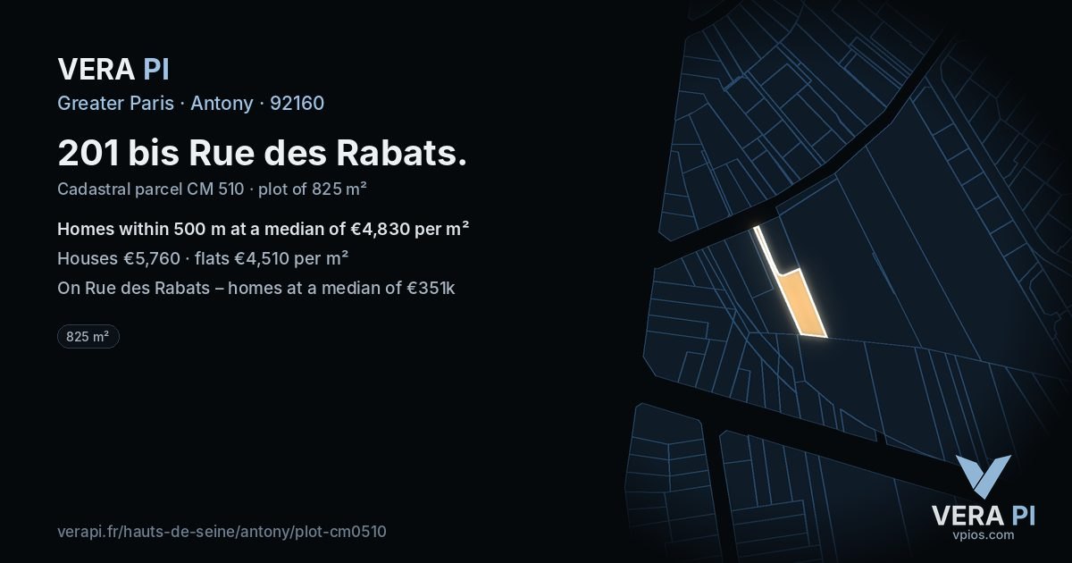 201 bis Rue des Rabats, Antony at night – the plot lit, the parcels around coloured by the prices near them