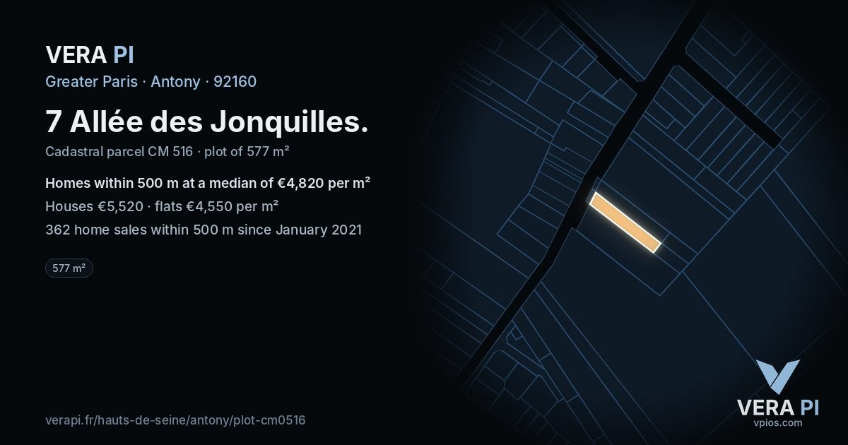 7 Allée des Jonquilles, Antony at night – the plot lit, the parcels around coloured by the prices near them