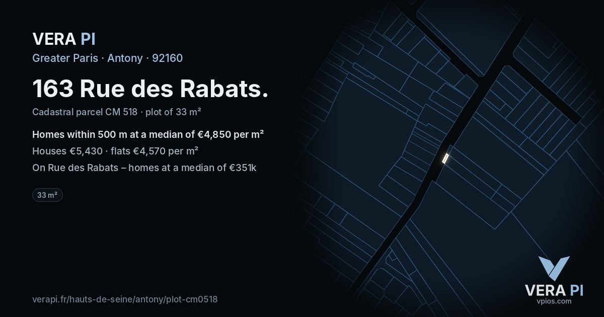 163 Rue des Rabats, Antony at night – the plot lit, the parcels around coloured by the prices near them