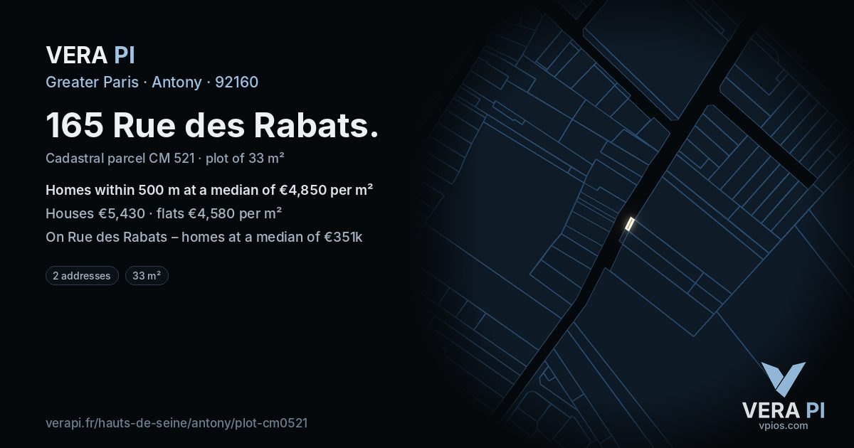 165 Rue des Rabats, Antony at night – the plot lit, the parcels around coloured by the prices near them