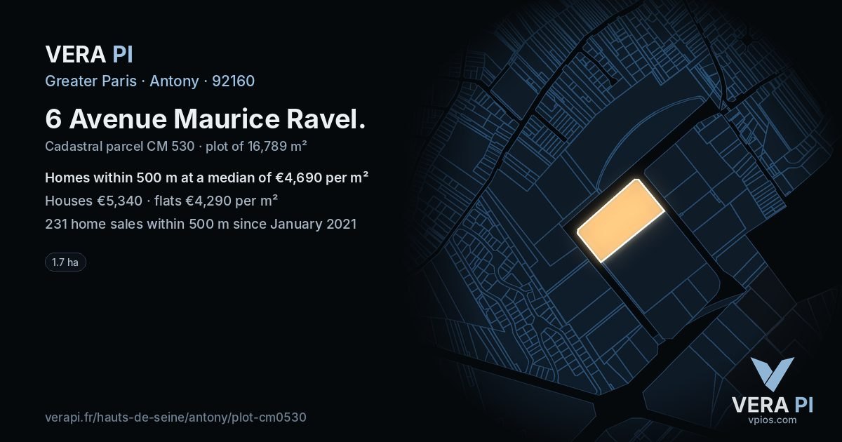 6 Avenue Maurice Ravel, Antony at night – the plot lit, the parcels around coloured by the prices near them