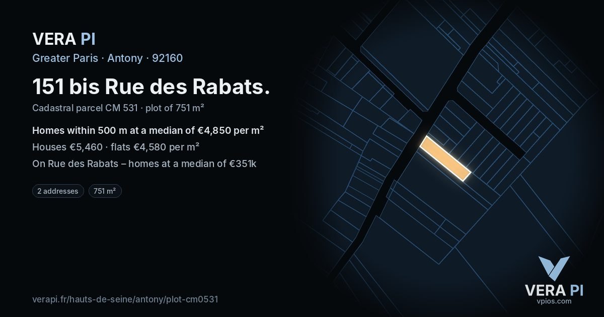 151 bis Rue des Rabats, Antony at night – the plot lit, the parcels around coloured by the prices near them