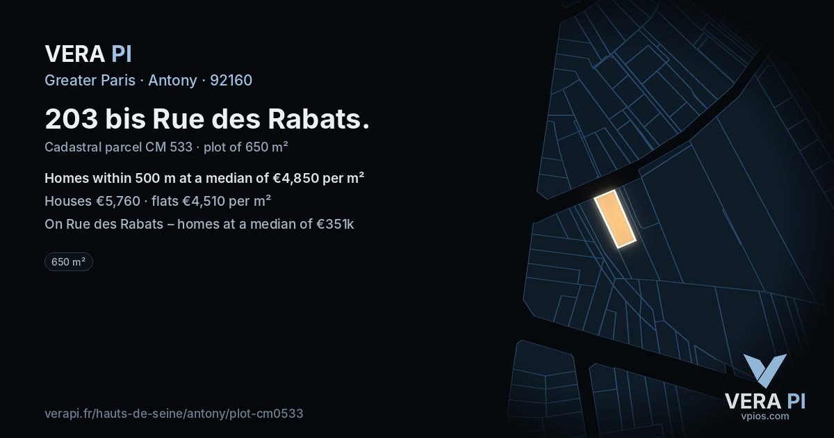 203 bis Rue des Rabats, Antony at night – the plot lit, the parcels around coloured by the prices near them