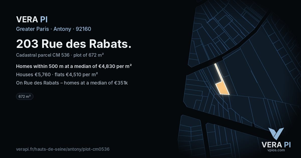 203 Rue des Rabats, Antony at night – the plot lit, the parcels around coloured by the prices near them