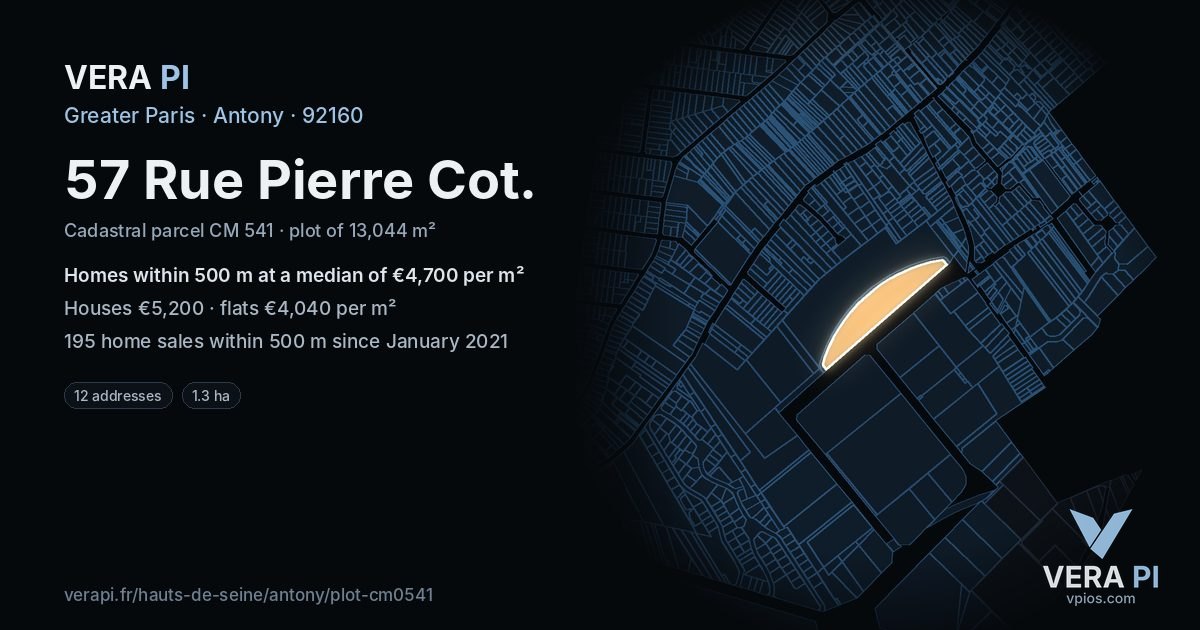 57 Rue Pierre Cot, Antony at night – the plot lit, the parcels around coloured by the prices near them