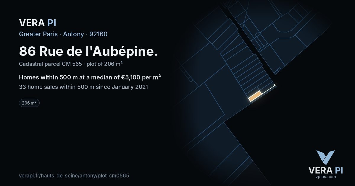 86 Rue de l'Aubépine, Antony at night – the plot lit, the parcels around coloured by the prices near them