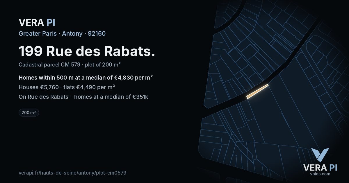 199 Rue des Rabats, Antony at night – the plot lit, the parcels around coloured by the prices near them