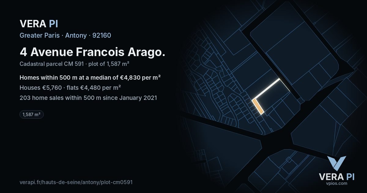 4 Avenue Francois Arago, Antony at night – the plot lit, the parcels around coloured by the prices near them